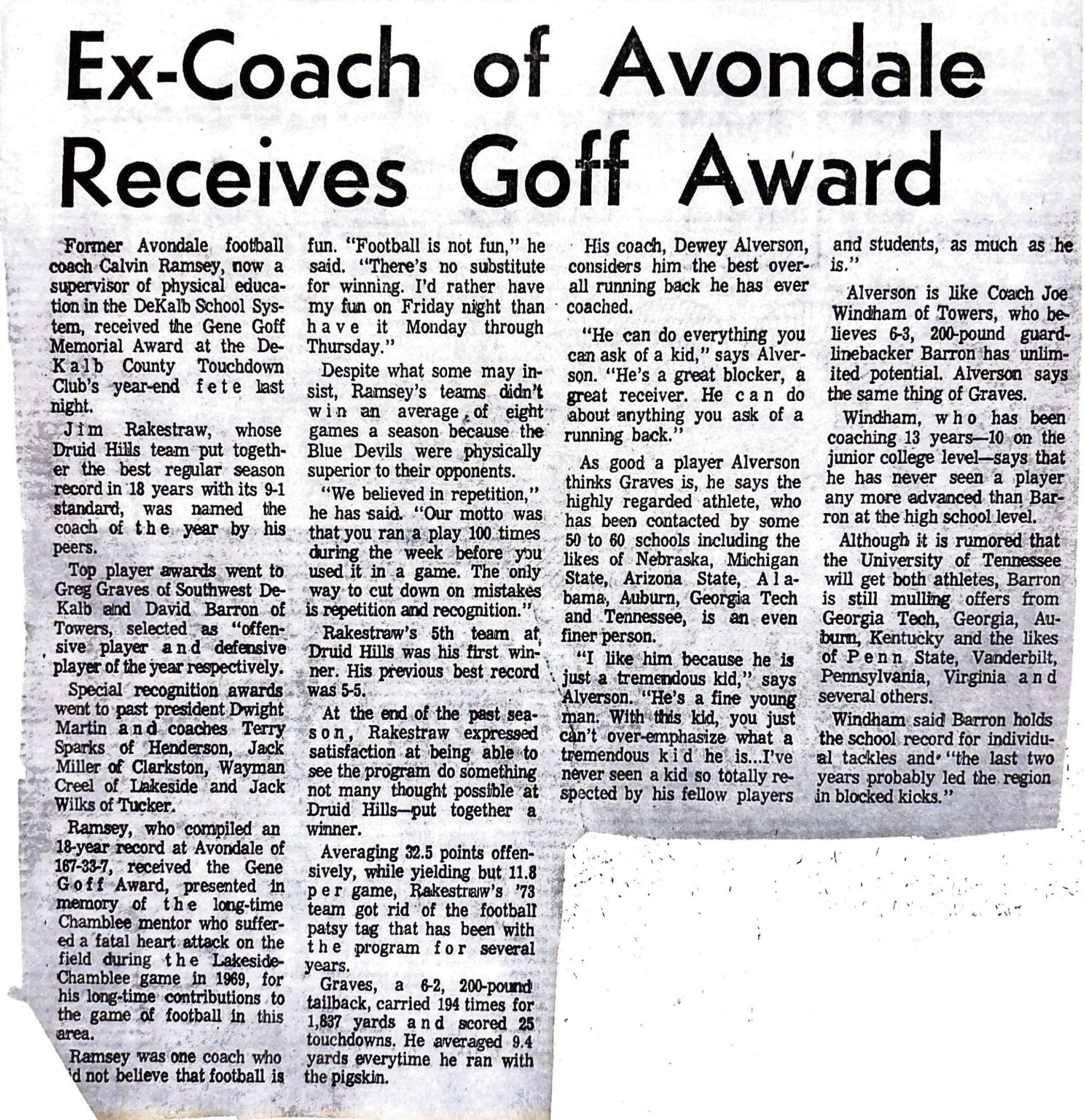 Ex Coach Of Avondale Receives Goff Award