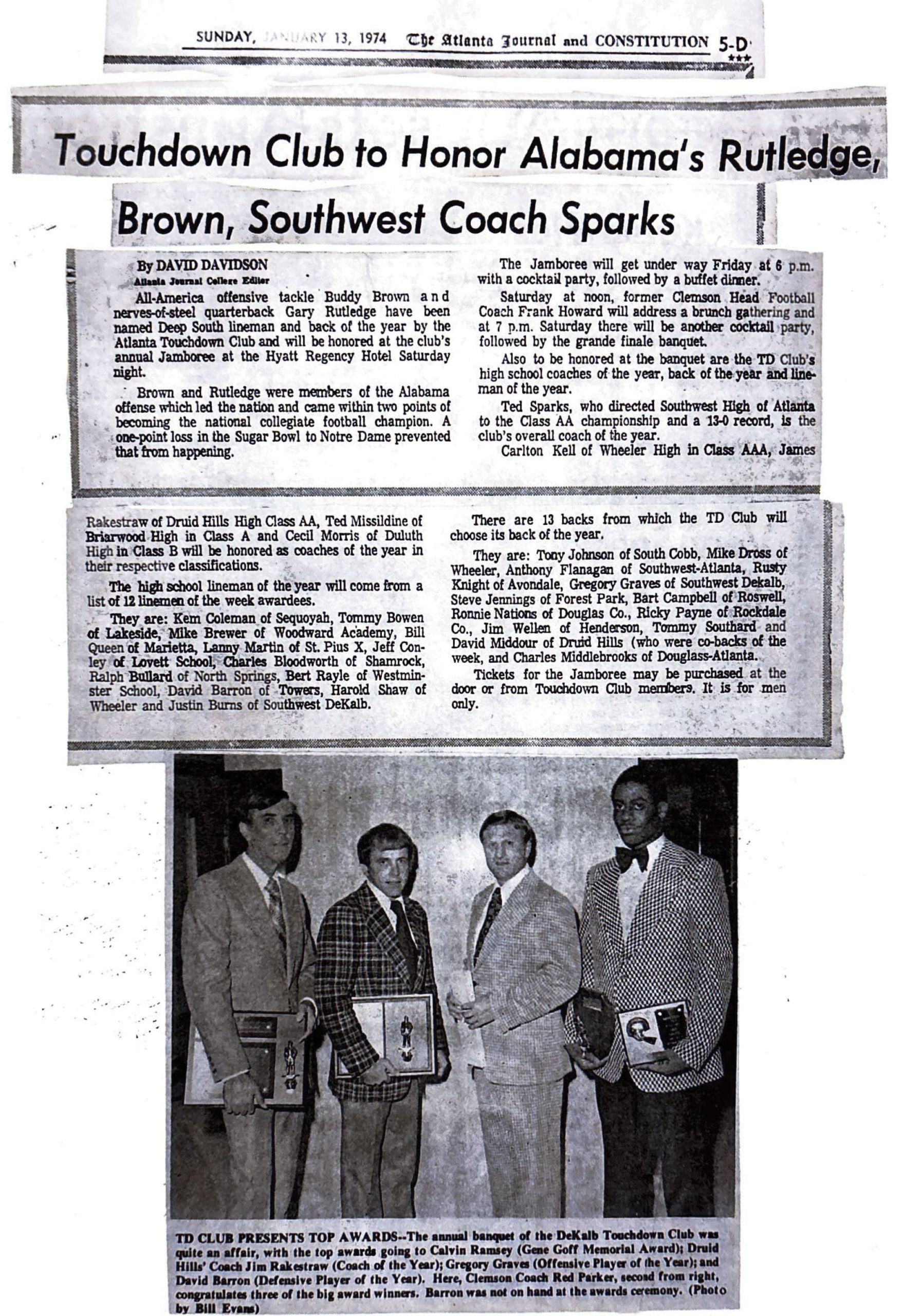 Touchdown Club To Honor Alabama’s Rutledge, Brown, Southwest Coach Sparks
