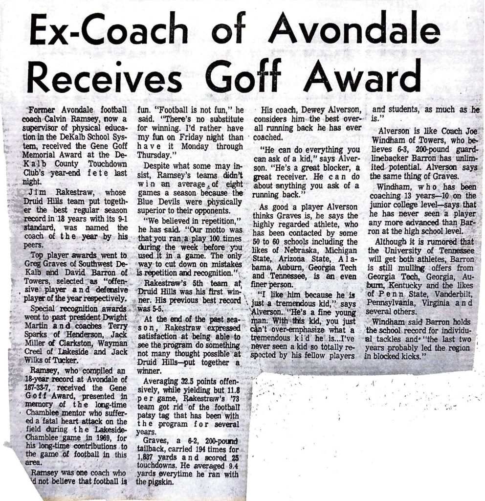 Ex Coach Of Avondale Receives Goff Award